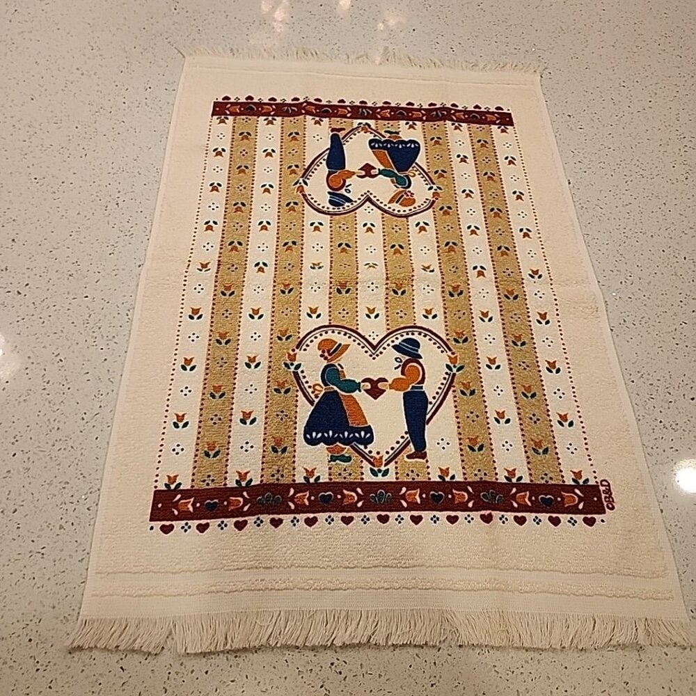 Vintage Unused Kitchen Towel Boy Girl Dutch Heart Flower Tulip 25x16" Cotton